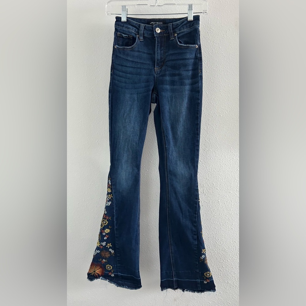 Ashley Mason Dark Blue Embroidered Flare Jeans Size 0
